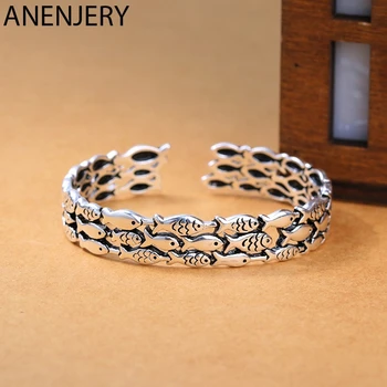 

ANENJERY Vintage Stackable Fish Thai Silver Bangle Bracelet 925 Sterling Silver Open Cuff Bangle For Women Men Gifts S-B276