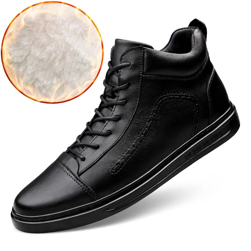 

2019 Men Winter Leather Shoes plus Velvet Genuine Leather Warm Boots Men's Fashion New Style British Style Lace-up Hight-top Sho