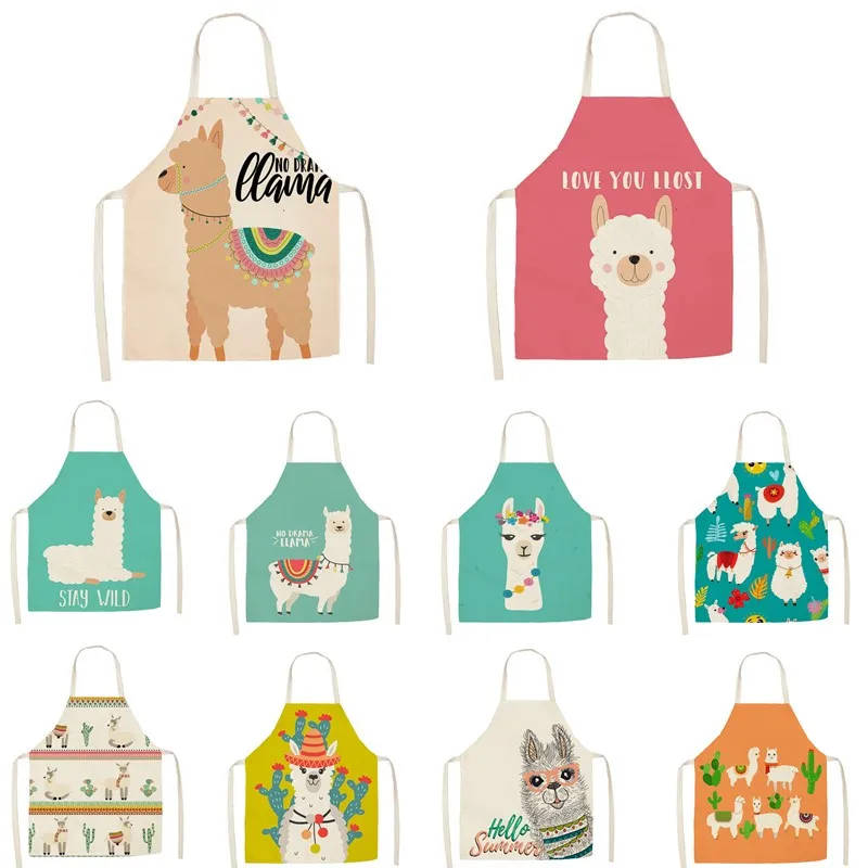 Cute Alpaca Cactus PrintedCotton Linen Sleeveless Aprons Kitchen Women Pinafore Home Cooking Baking Waist Bib 55*68cm