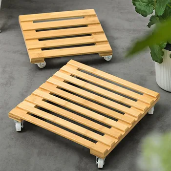 

Bamboo Wood Plant Stand Remobile Flower Pot Rack with 4 Wheels Garden Patio Heavy Duty Plant Storage Rolling Tray Holder