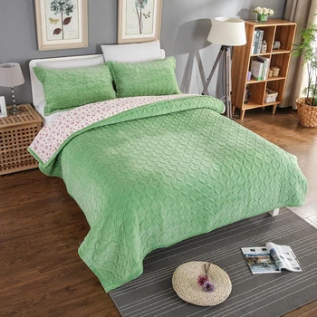 

1pc Bed cover+2pcs Pillowcases Flannel thickening Bedspread Green cyan purple Bedding set Quilting Blanket Dual Front Quilt