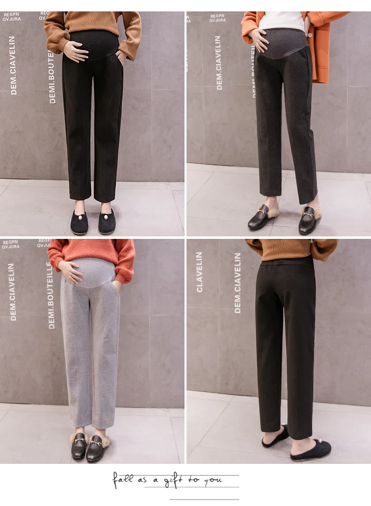 771# Woolen Maternity Straight Pants Elastic Waist Belly Casual Pants Clothes for Pregnant Women Autumn Winter Pregnancy Trouser