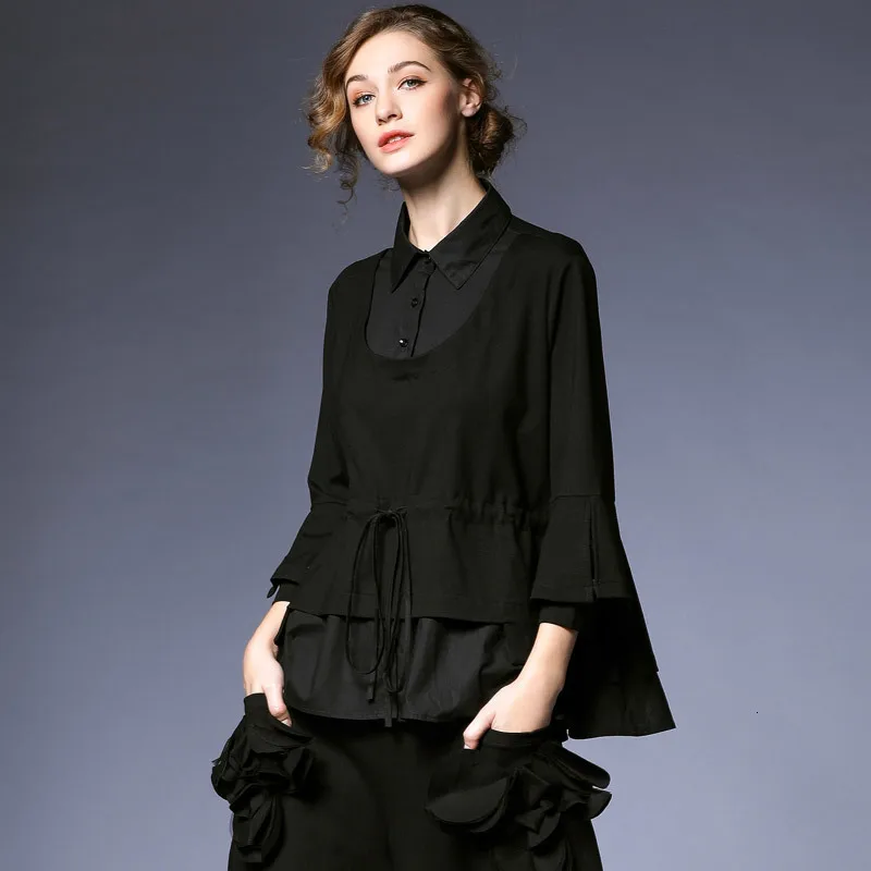 [EAM] Новинка, Осень-зима, рубашка с отворотом, длинный рукав, в полоску, хит, цвет, имитация двух стежков, большой размер, женская блузка, мода JO398 - Цвет: Black