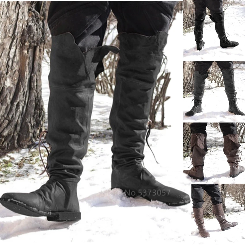 Medieval Boots Retro Men Male Viking Cosplay Pirate Costume High Boots Tall Knee High Lace Up Vintage Viking Shoes Middle Ages Shoes Aliexpress