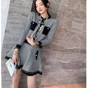 

Autumn Winter two piece suit Women Single-breasted Plaid Knitted Cardigans sweater+Mini Skirts Sets Knit Skirt 2 piece Suits