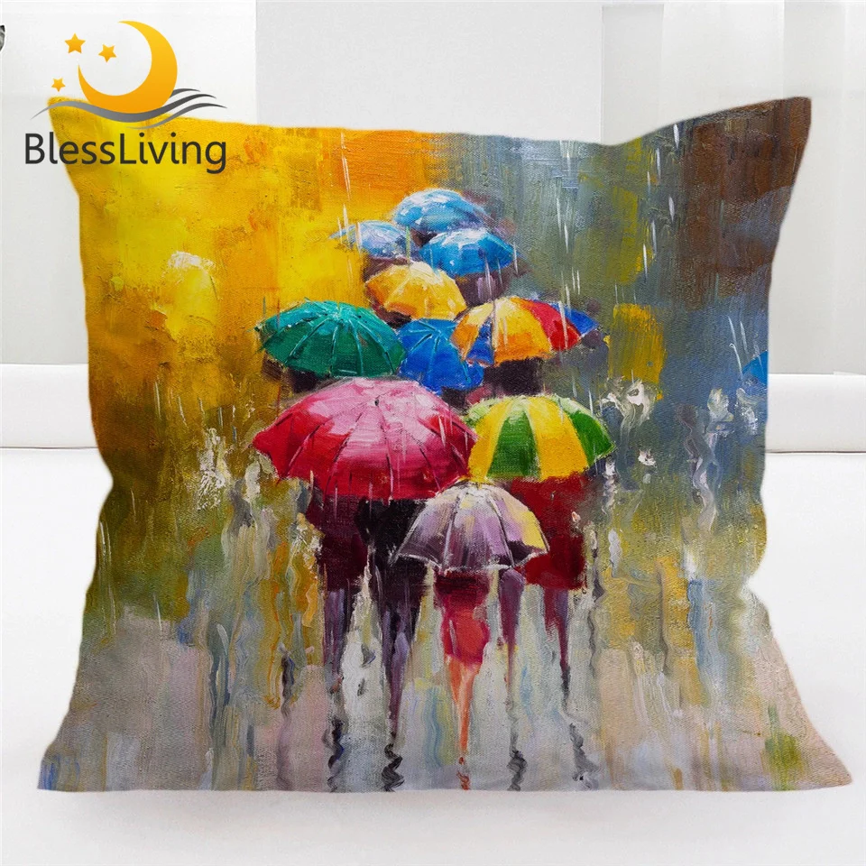 

BlessLiving Colored Umbrella Cushion Cover Rainy Day Pillow Cover Oil Printed Pillow Case 45*45 Home Art Decor Dropshipping