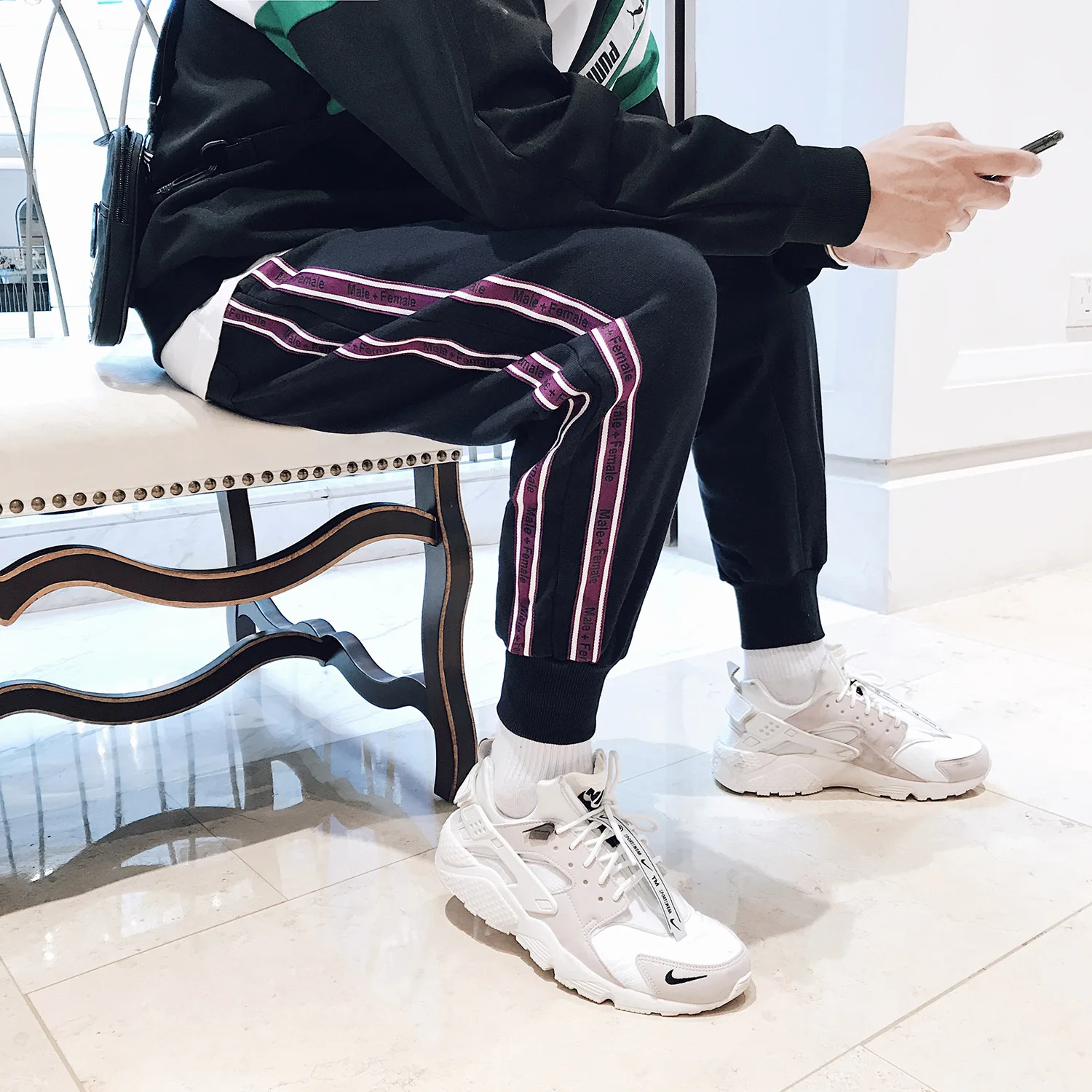 

2018 Men Popular Brand Hong Kong Style Street Versatile Casual Pants Youth Side Edge Joint Then Fight Stripes Capri Pants Skinny