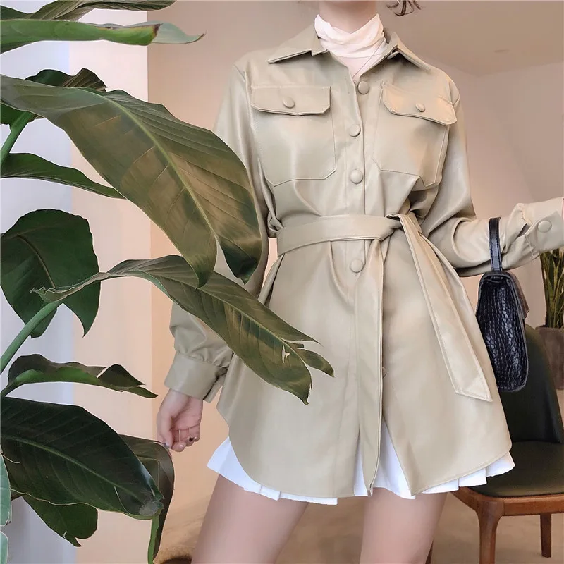 Винтажная стильная куртка из искусственной кожи с поясом, пальто для женщин 2019, модная верхняя одежда из искусственной кожи с длинным