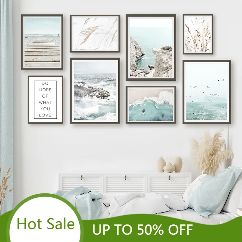 WTQ Coast Reed Sea Sailboat Beach Waves Wall Art Canvas Painting Nordic Posters Prints Room Decor Pictures Home Decoration | Дом и сад
