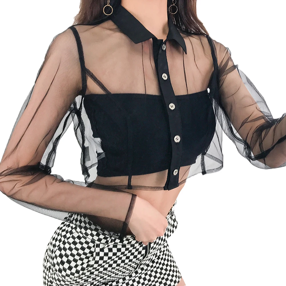 Button Down Mesh Long Sleeved Cropped Shirt