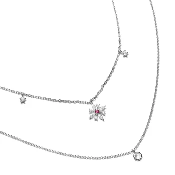 

double layer necklace for women 925 sterling silver minimal chain cz flowewr drop charm elegance fashion women silver jewelry