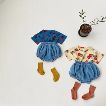 

3410 Korean Baby Short Sleeve Suit Baby Boy And Girl 2-piece Clothes Set Baby French Fries Jeans Suit T-shirt Shorts Outfit Suit