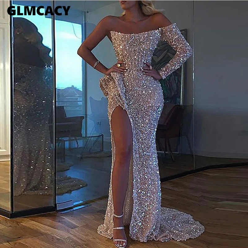 

Women Sexy One Shoulder Sequined Slit Maxi Dress Off Shoulder Long Sleeve Asymmetric Maxi Evening Party Dress