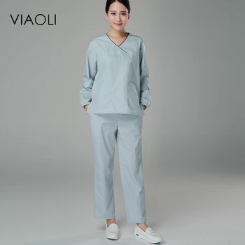 

Viaoli 2018 New surgical gown long sleeve cotton split suit brush handkerchief male and female doctors surgery wear light blue
