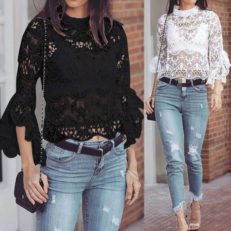 

Plus Size Women's Lace Patchwork Blosue ZANZEA 2020 Sexy See-Through Mesh Top Bohemian Summer Blusas Female Flare Sleeve Shirt 7