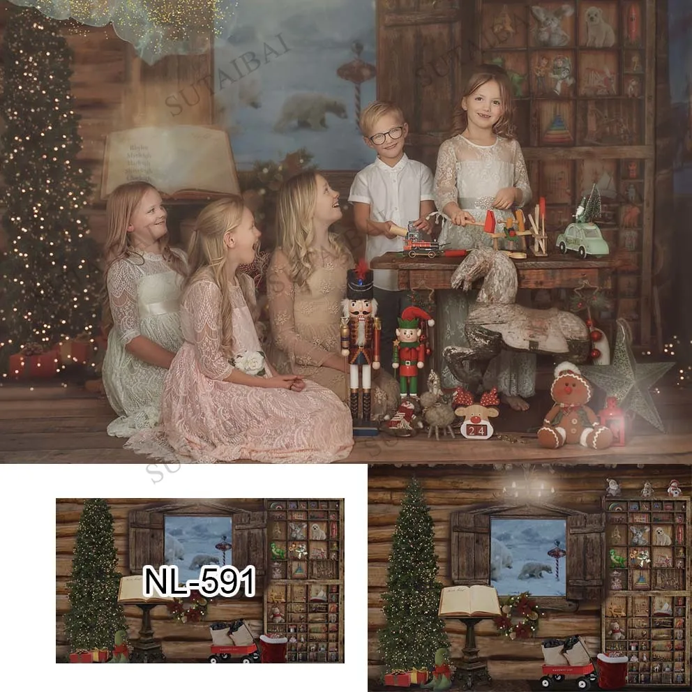 Christmas Backdrop for Photography Xmas Tree Gifts Toy Bookshelf Winter Window Snow Bear Background Family Party Decor Photocall |