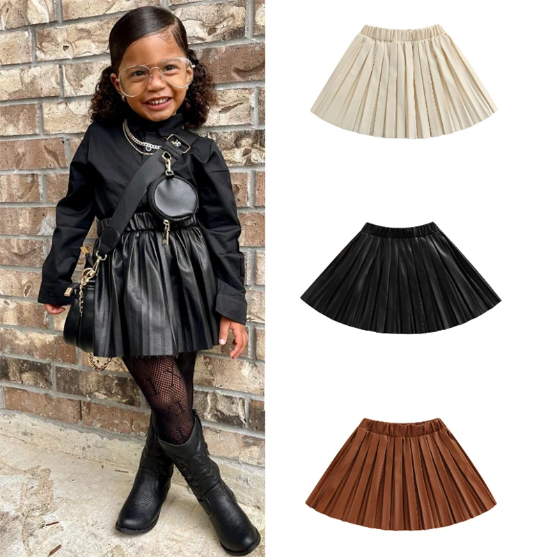 Children Skirts Fashion Baby Girl Skirt Kids PU Leather Elastic Waist Pleated Skirts Toddler Children's Bottom New Fashion Solid Color Skirt