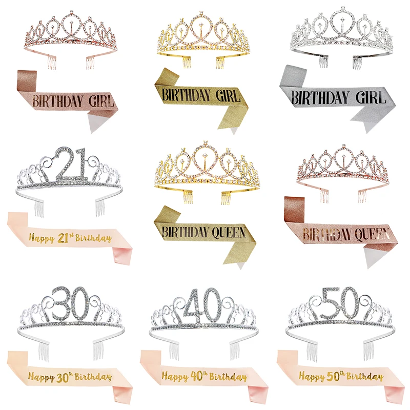 21 30 40 50 Birthday Party Decoration Rose Gold Silver Satin Sash and Crystal Crown Tiara for Women's Anniversary | Дом и сад