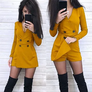 

Solid V-neck Long Sleeve Women's Playsuit Front Split Double-breasted Wide Leg Short Jumpsuit Women Summer Skinny Casual Romper