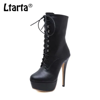 

LTARTA 2020 Autumn Winter Women Sexy Fashion High Heel Round Toe Boots Ankle Boots Lace Up Boots Women JXQ