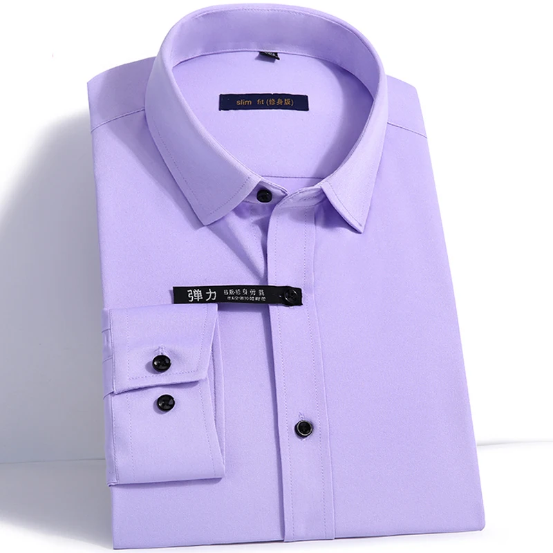 Iron Free Mens long Sleeve Shirt Bamboo Fiber Stretch Solid Dress Shirts for Men Slim Fit Quality Business without Front Pocket