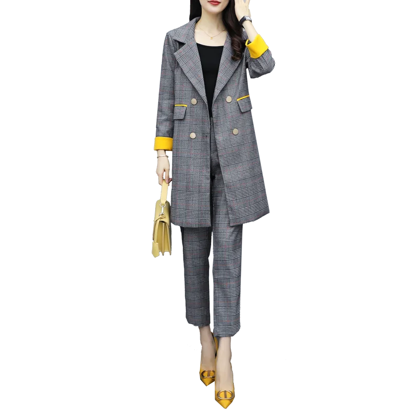 Осенние женские модные длинные клетчатые блейзеры Топы+ клетчатые узкие брюки костюмы женские офисные женские комплекты из двух предметов