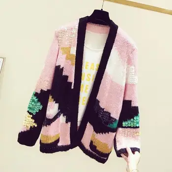 

2019 Autumn Winter New Stitched Sequins Color Matching Knitted Cardigan Woman Sweater Coat Pink Knit Cardigans Womens Sweaters