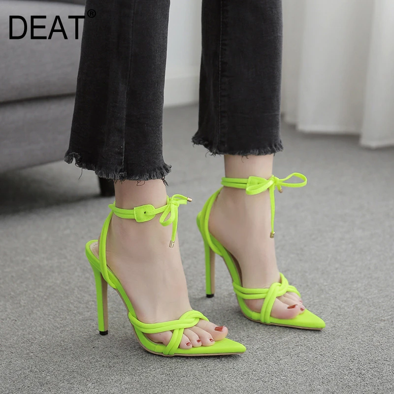 [DEAT] 2020 Pointed Toe Ankle Strap Flock Tie Thin High Heels Sandals For Women Shoes New Spring Summer Fashion Tide 10G464 | Обувь