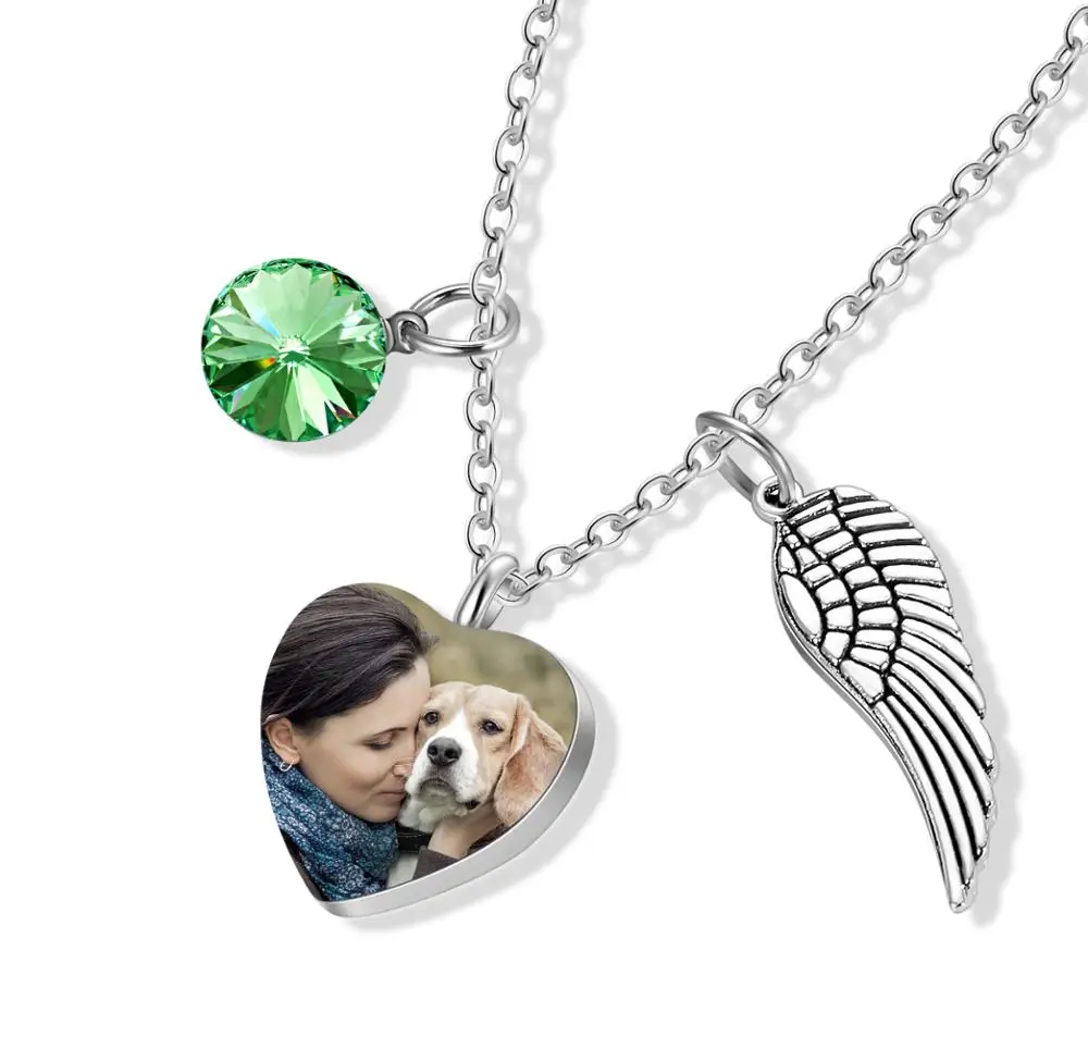 

Personalized Custom Photo & Message Heart Cremation Urn Necklace for Ashes Angel Wing Jewelry Memorial Pendant and Birthstones