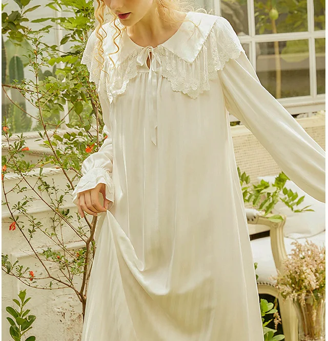 Женское платье в стиле Лолиты, ночная рубашка принцессы, винтажная королевская кружевная ночная рубашка с отложным воротником. Ночная рубашка в викторианском стиле, ночная одежда для отдыха - Цвет: Белый