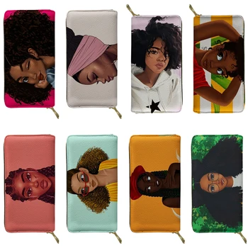 

ELVISWORDS Black Art African Girls Pattern Wallet Woman Brand Design Female Big Long Zipper PU Credit Card Bags Lady Coin Purse