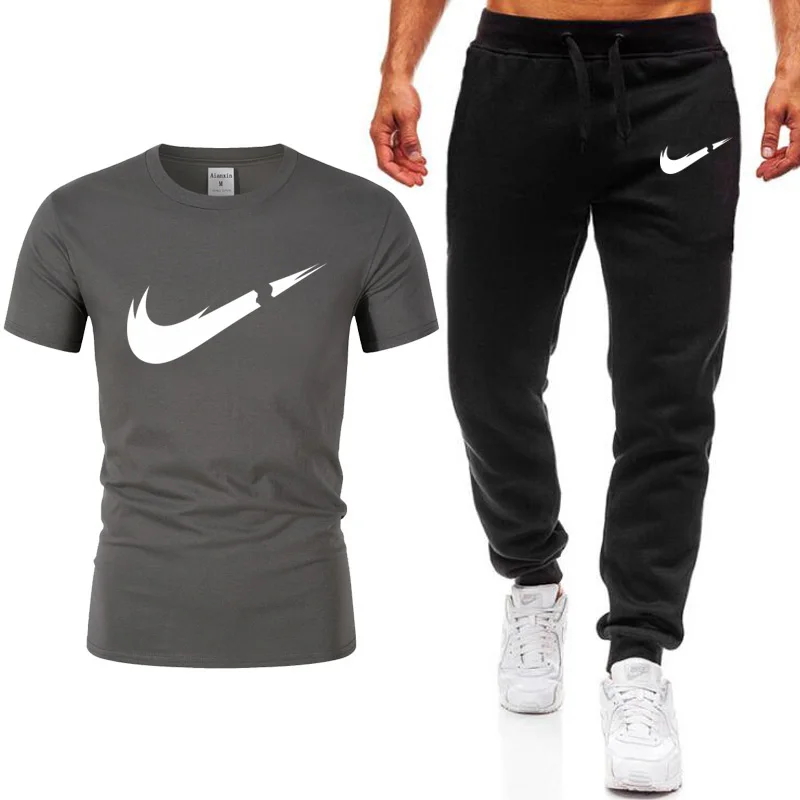 

New Men Joggers+T-shirt Sets Brand Male Trousers Casual Pants Sweatpants Jogger Grey Casual Elastic Cotton GYMS Fitness Workout