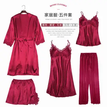 

5 PCS Lace Sexy Pajama Set With Chest Pad Nightdress+Pant+Cardigan Set Sleepwear
