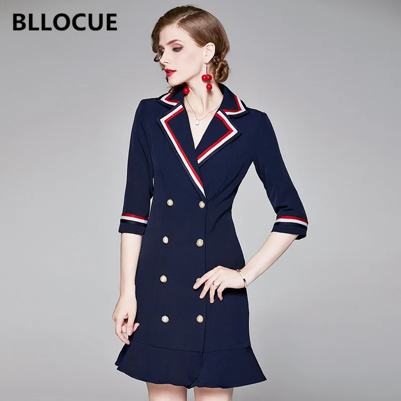 BLLOCUE, осень, корейский стиль, OL, рабочая одежда, платье для женщин, двубортное, тонкое, в полоску, костюм, воротник, бодикон, платье русалки