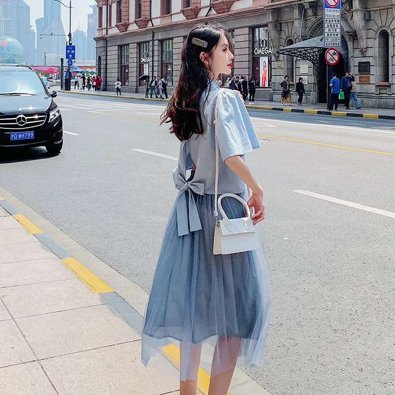 

CZs Medium-length Dress Joint Voile Skirt + Bow Shirt Two-Piece 2019 Summer New Style Fashion WOMEN'S Suit