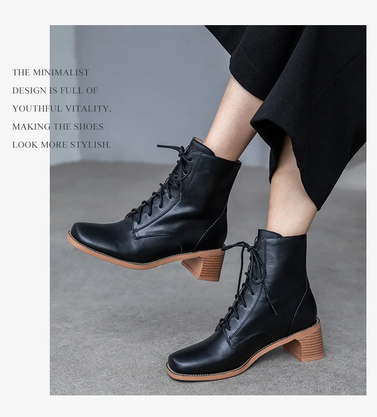 Donna-in Ankle High Heels Boots Women Elegant Cross Tied Square Toe Rubber Boots Genuine Leather Fashion Shoes Woman New