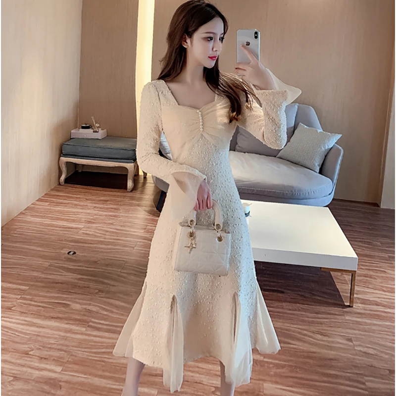 

winter Dress Women Casual Long Sleeve Vintage Elegant Office Sweater Dress Female 2020 Winter One-piece Dress Korean Outerwear