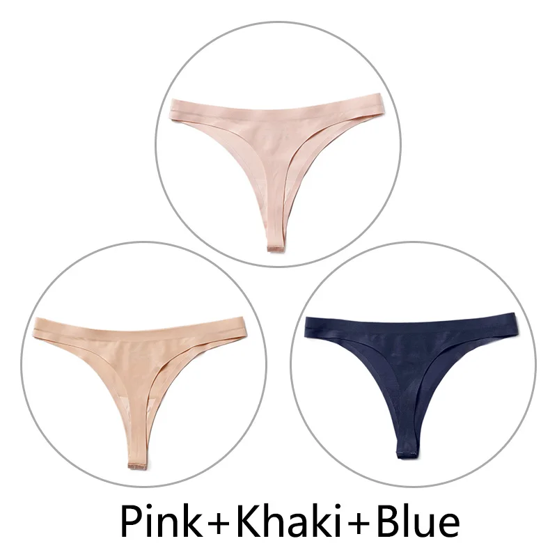 3 шт./партия, Сексуальные Бесшовные прозрачные трусики, женские трусики с низкой талией, трусики-стринги, нижнее белье, женские трусы-танга, стринги большого размера - Цвет: Pink-Khaki-Blue