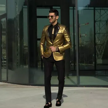 

2020 New Shining Gold Wedding Suits for Men Cheap Tuxedos Slim Fit Bridegroom Wear Best Mens Suits Custom Made(Jacket+Pant)