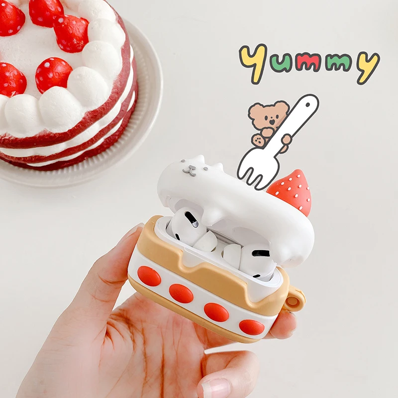 

Cute Strawberry Cake Cat Case For AirPods 1 2 Pro Charging Box Soft Silicone Wireless bluetooth Earphone Protective Cover Coque