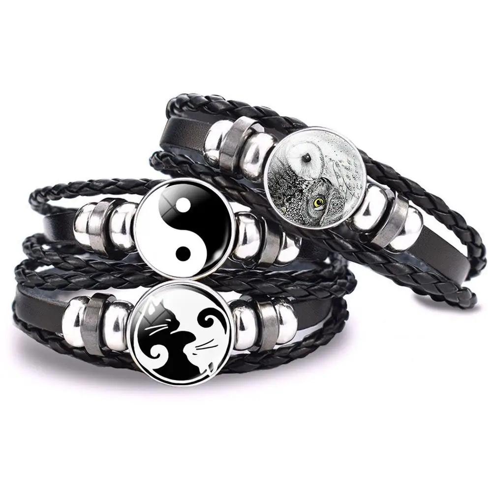Браслет Yin Yang Cat плетеный стеклянный кабошон многослойный черный кожаный браслет