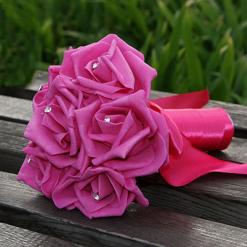 Six Heads Foam Roses Silk Ribbon Bouquet Handmade Rhinestone Diamante Bridal Bridesmaid Brooch Wedding Decor LL@17