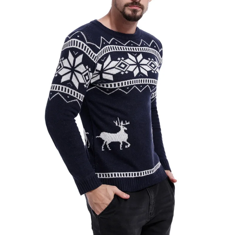 Мужской Повседневный свитер с круглым вырезом, осенне-зимний Рождественский пуловер с принтом оленя, вязаный джемпер, рождественские свитера, облегающая мужская одежда