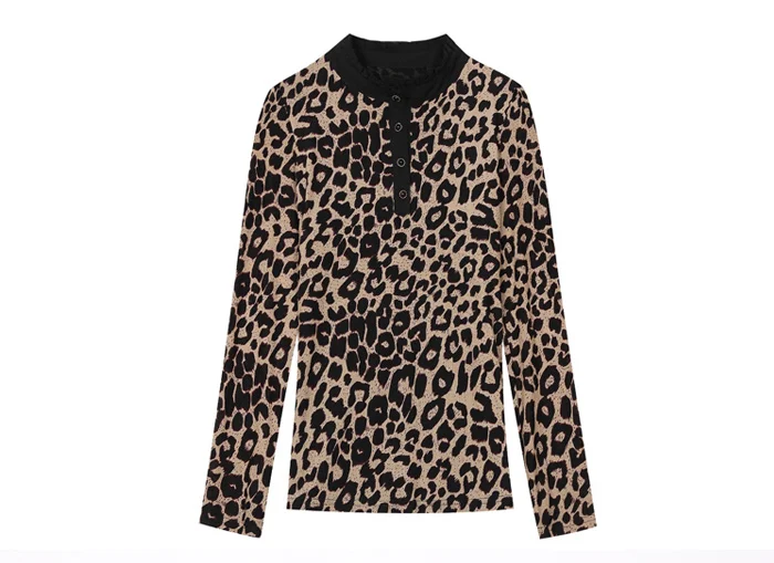 women Sexy shirt leopard print mesh top female shirts long sleeve clothing top Slim fit tee free shipping