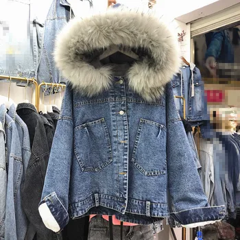 

Velvet Thick Denim Jacket Female Winter Big Fur Collar Korean Locomotive Lamb Coat Female Student Short Back Stringing Jackets