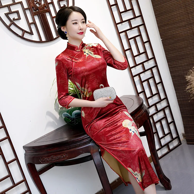 Синие вельветовые Длинные платья Чонсам размера плюс 4XL с узором Hite Crane, традиционное китайское платье, костюм, восточное платье