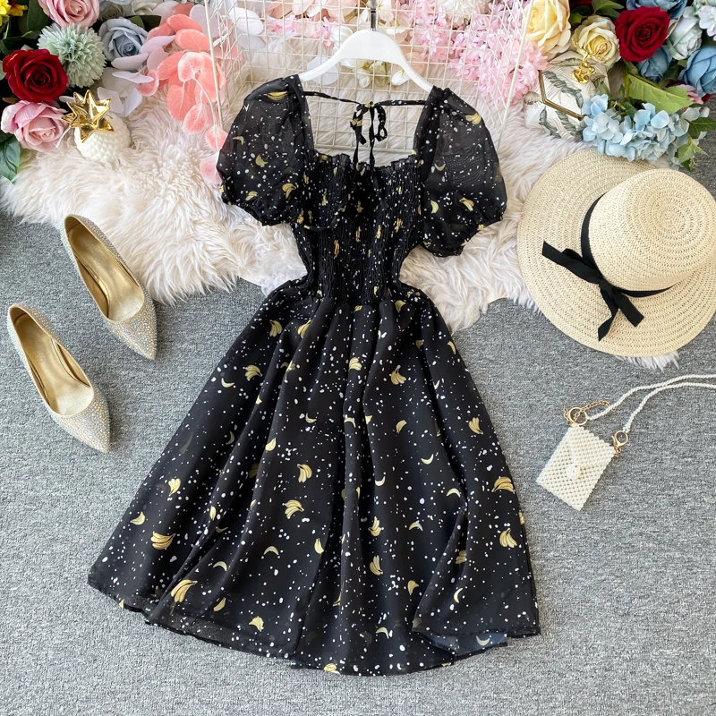 

NiceMix Spring Summer Casual Chiffon Party Dress Women High Waist Vintage Banana Printed Puff Sleeve Streetwear Women Dress