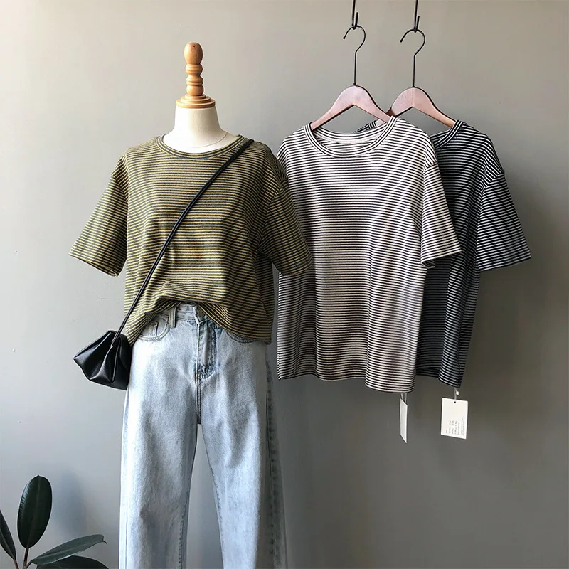 

2020 Summer New Striped Round Neck Loose Thin Short Sleeve Women Cotton Joker Bottoming Shirt T-Shirt t shirt punk