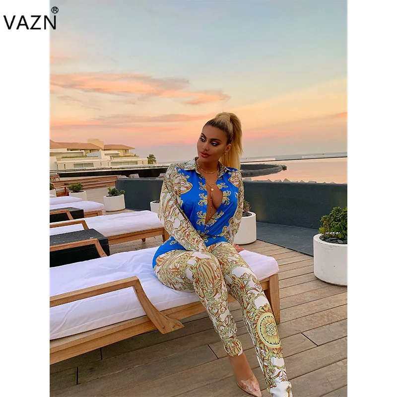VAZN MYF9389 Модный комплект для зрелых винтажных каникул, сексуальный модный топ с длинными рукавами, длинные узкие брюки, эластичные женские 2 предмета в комплекте