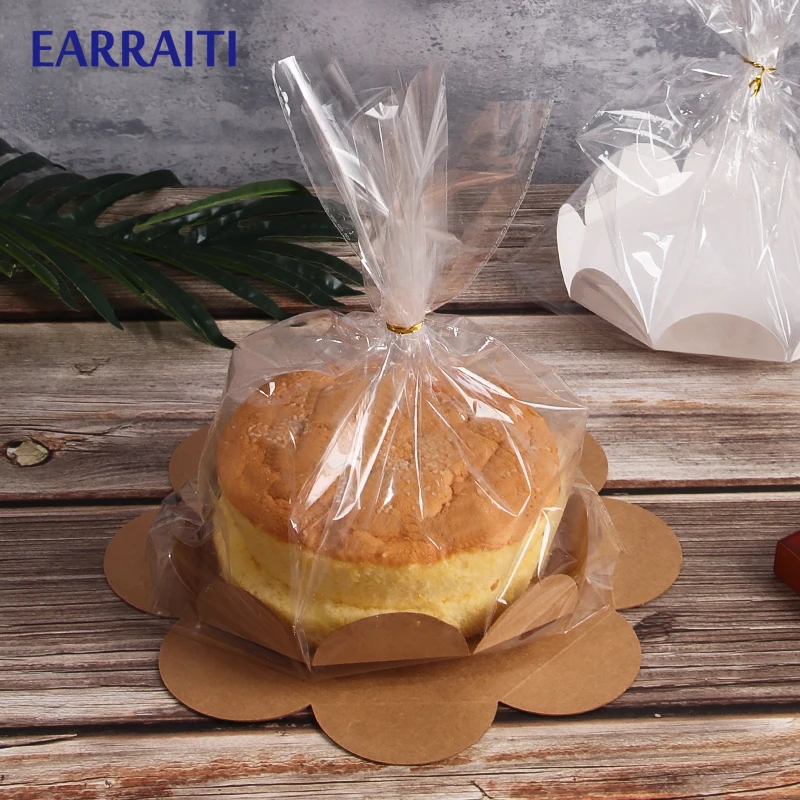 

10PCS 6/8inch Plastic Cake Bag Christmas Birthday Party Gift Chiffon Bread Packaging With Paper Tray Puff Baking Bags Cookies